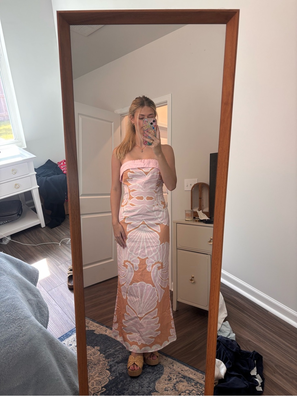 Vici Strapless Shell-Print Maxi Dress in Pink and Peach